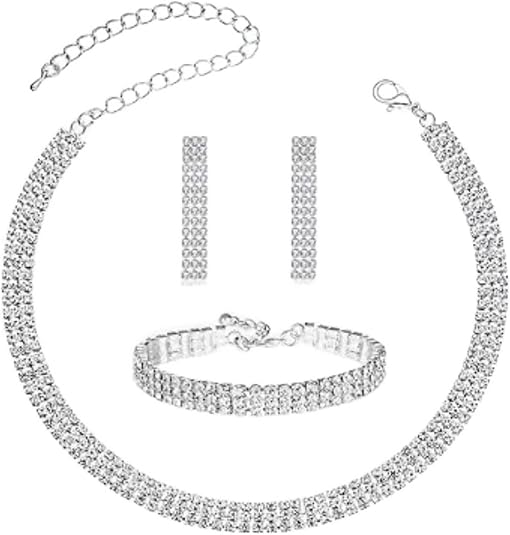 SHTROOR 3-Piece Crystal Jewelry Set, Elegant Shiny Crystal Necklace Earrings Set, Adjustable Necklace and Bracelet, Timeless Classic Style, Multi-Occasion Women's Jewelry Set for Brides & Gifting