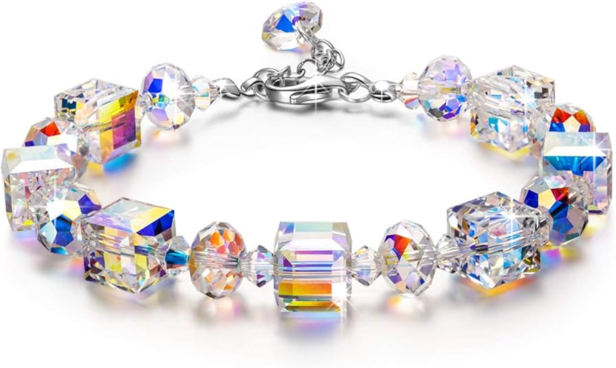 SHTROOR Unique Aurora Arrangement Austrian Crystal Beaded Bracelet, 7 Inch Chain with 2 Inch Extension, Comfort Fit, Light Capturing Beads Create Dreamy Rainbow Effects for Women Gifting