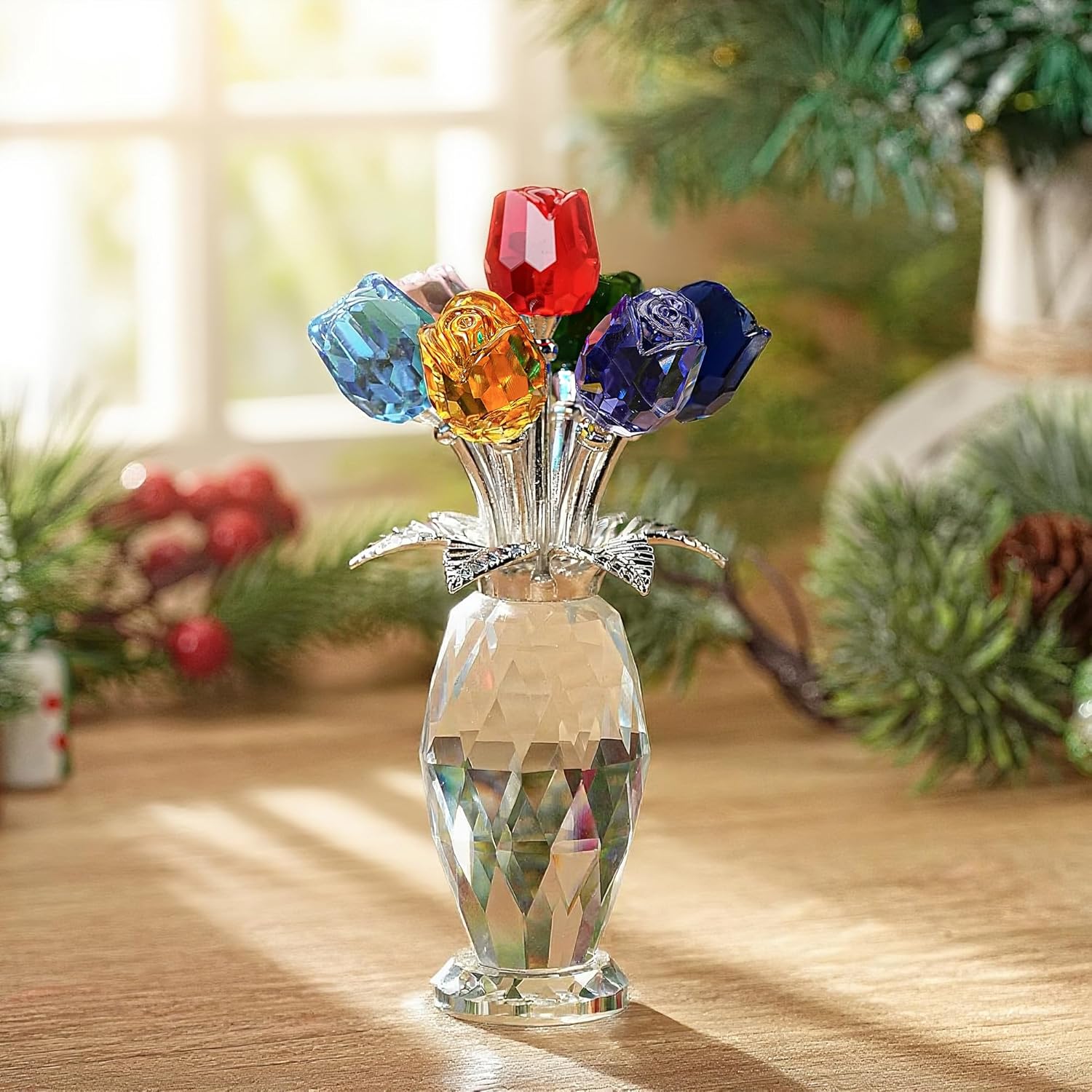 SHTROOR Sparkling Crystal Rose Figurine, Premium K9 Crystal Petals and Base, Various Colors with Gift Package, Classic Crystal Glass Flowers, Lovely Ornament for Home Office, Wedding Christmas and Romantic Gifts
