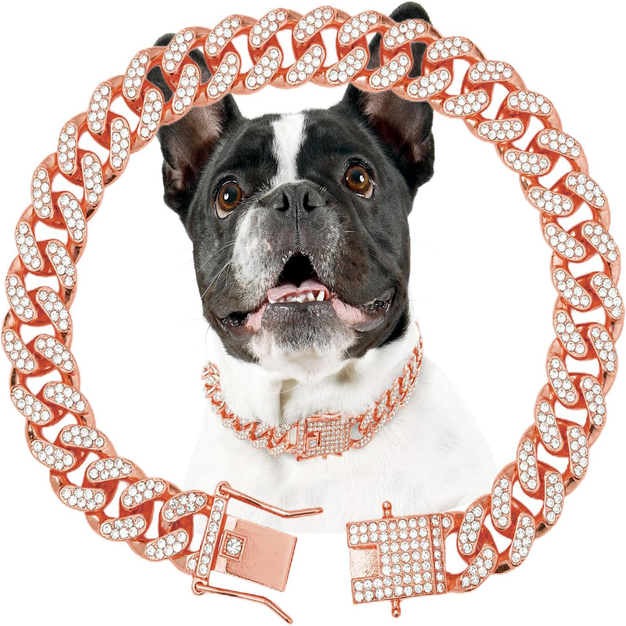 SHTROOR 13mm Crystal Dog Collar, Rose Gold Diamond Shiny Pet Chain, Light Strong Hip Hop Pet Accessories for Small Dogs, Cats, Rabbits Pets Within 25 Pounds