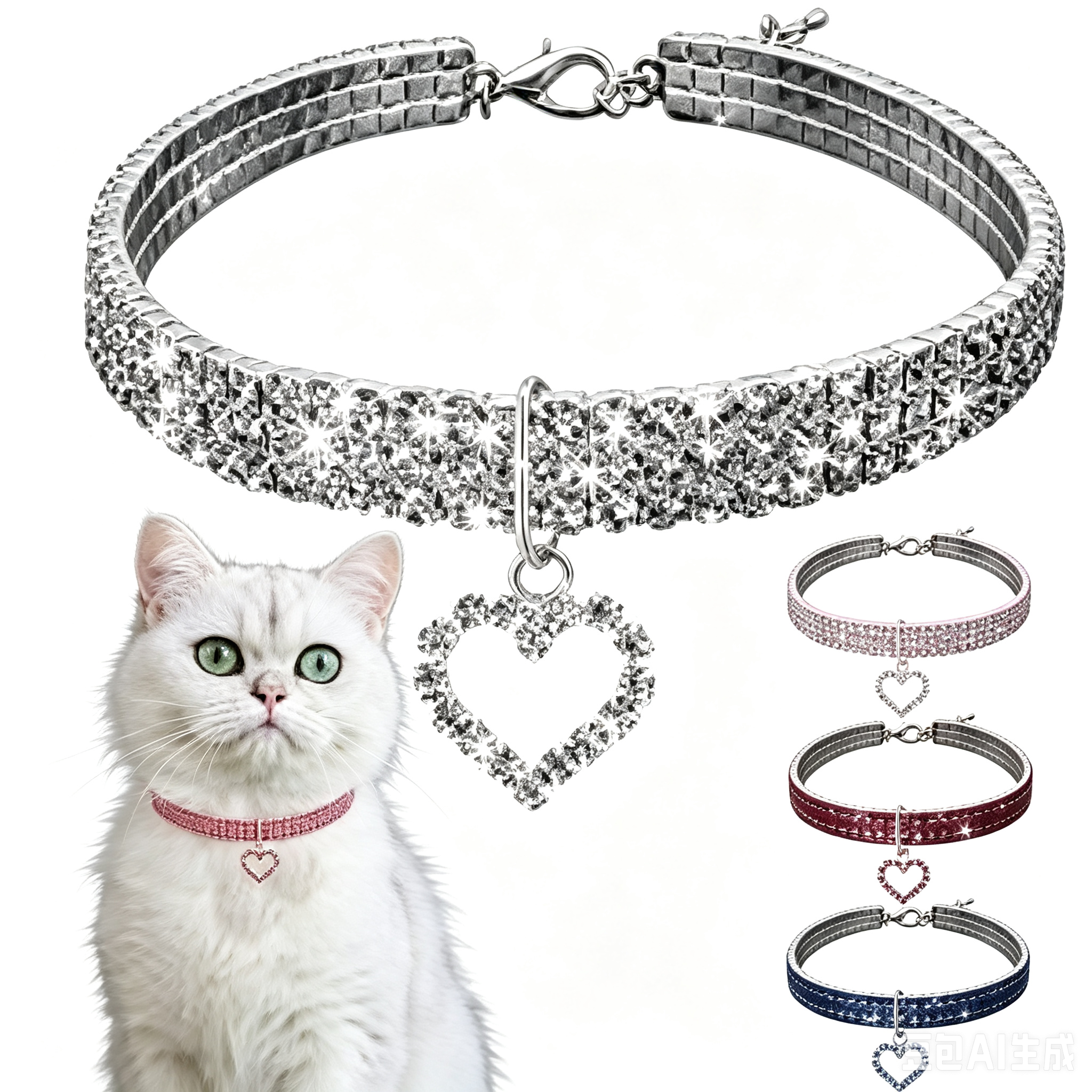 SHTROOR INS Crystal Pearl Dog Cat Collar Necklace, Adjustable Heart Charm, All-season multi-color customizable pet collar with free OPP bag & card for Mini Schnauzer and short hair pets