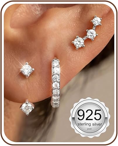 SHTROOR Crystal Earrings Set, 3 Pairs Hypoallergenic 925 Sterling Silver for Sensitive Ears, CZ Cartilage Ear Cuffs & 10mm Small Huggie Silver Hoops, Waterproof Stackable Daily Wedding Earrings for Women