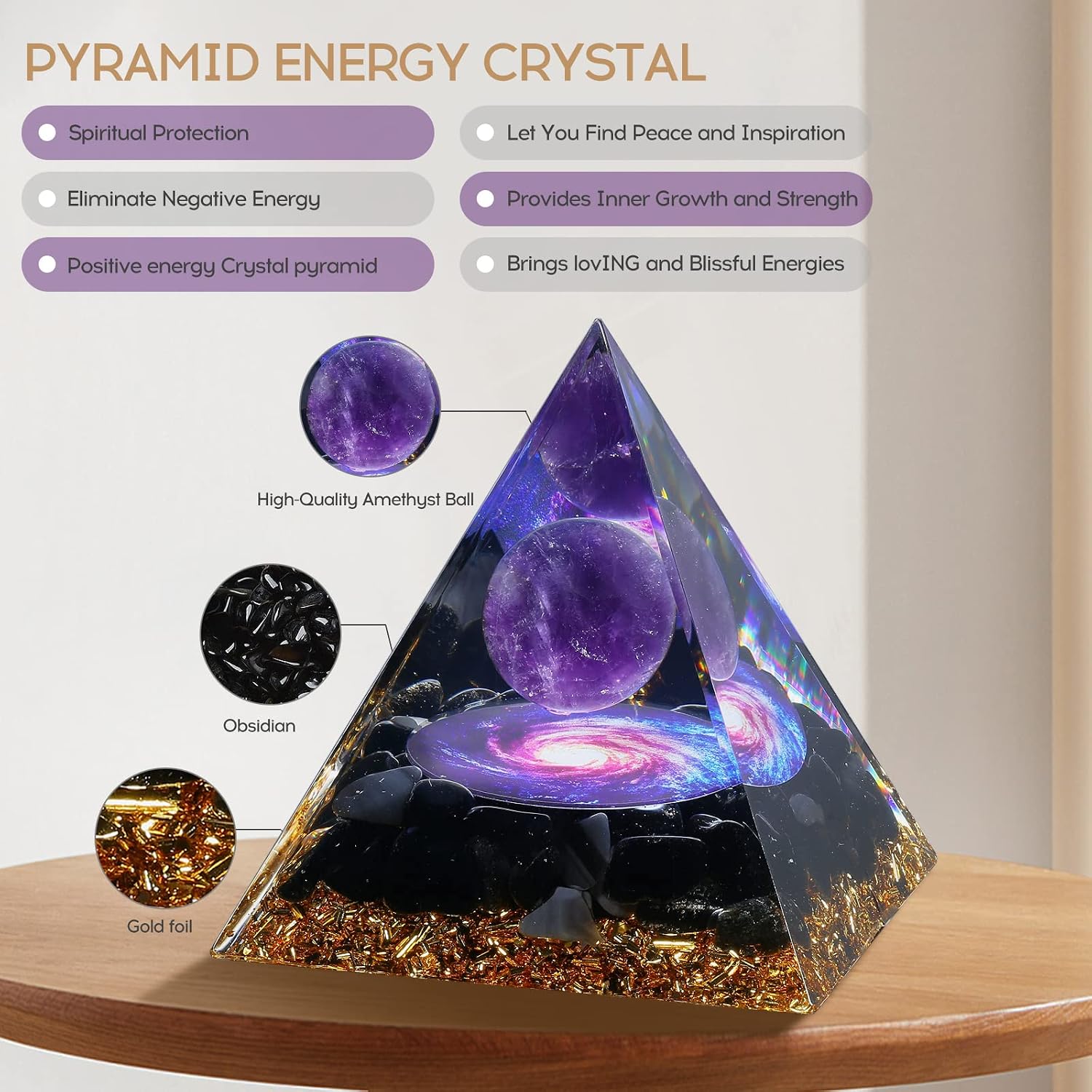 SHTROOR Amethyst Obsidian Crystal Pyramid, Positive Energy Healing for Chakra Meditation Stress Relief & Home Decor