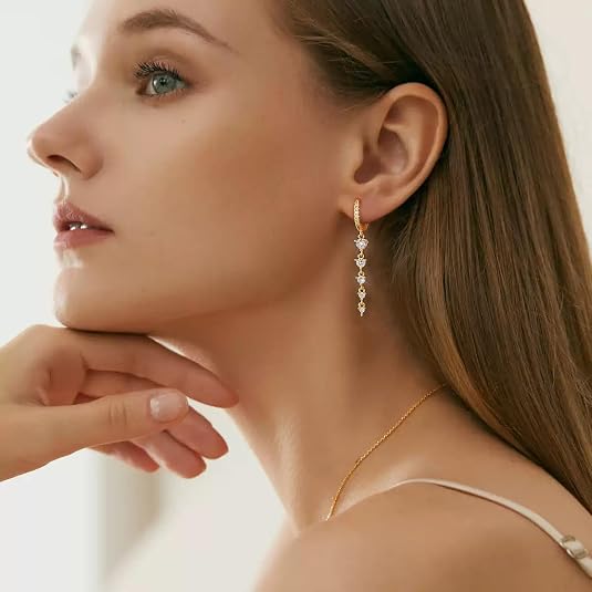 SHTROOR Crystal Dangle Earrings, 14K Gold Plated 2‑in‑1 Hoop Drop Style, Brilliant 5A Zircon Embellishment, 16 Styles, Delicate Fashion Gift for Wife Mom Girlfriend & Best Friends