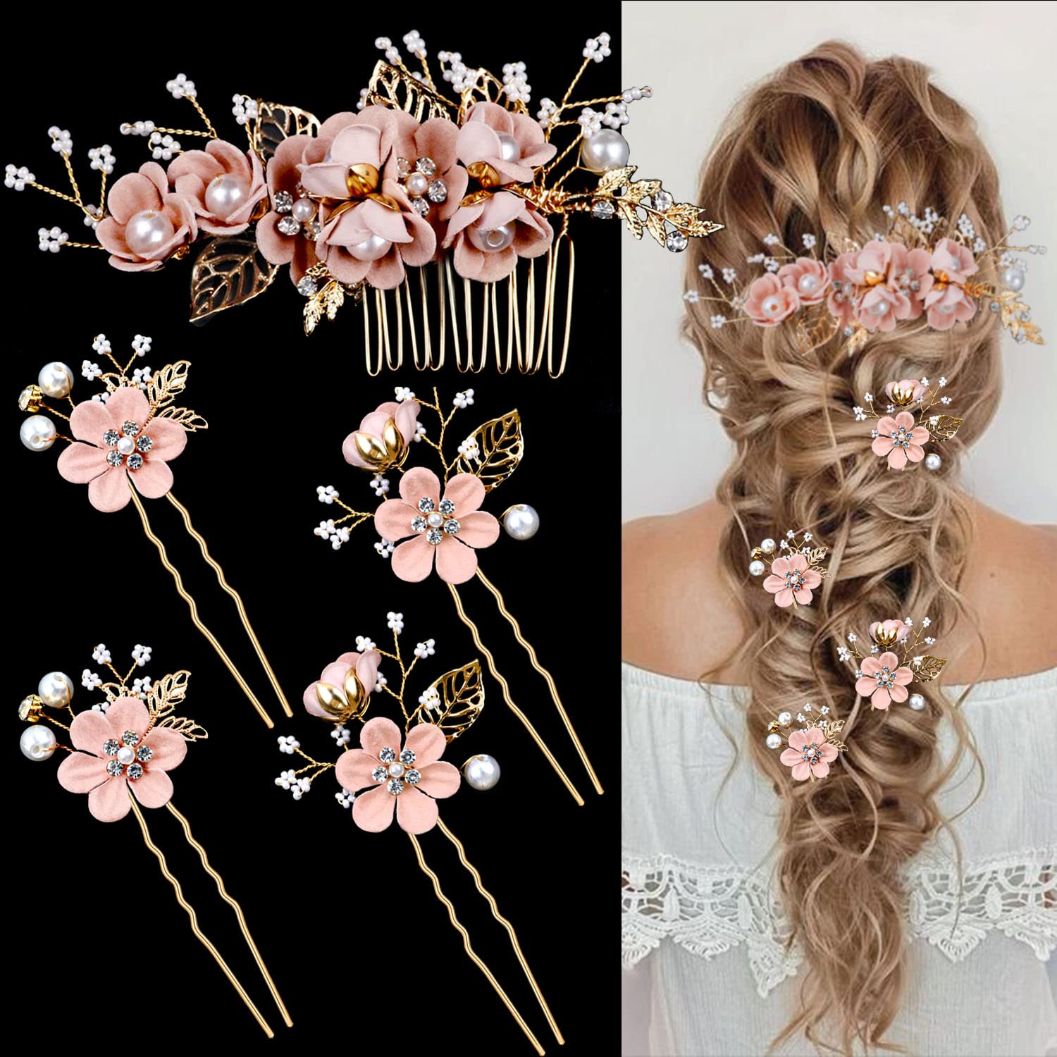 SHTROOR Bridal Flower Hair Clips 5 Pack, Fabric Petal Pearl Rhinestone Crystal Hair Accessories, Decorative Hair Pieces for Brides Bridesmaids Women for Wedding Party