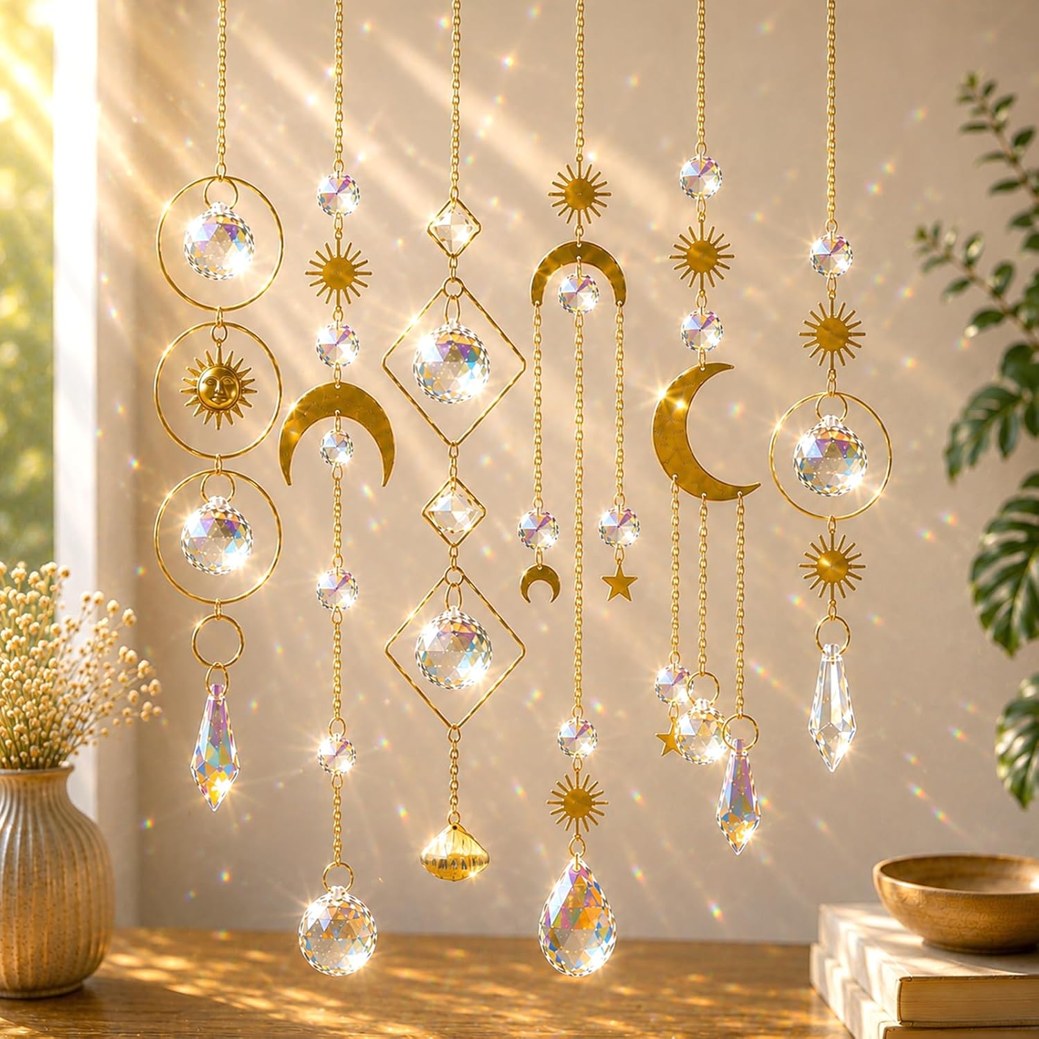 SHTROOR Crystals Suncatcher, 6‑Piece Value Pack, AB Coated Man‑Made Crystals & Metal Chains, Rainbow Light Effect for Home Garden, Perfect for Holiday Wedding Gifting to Women