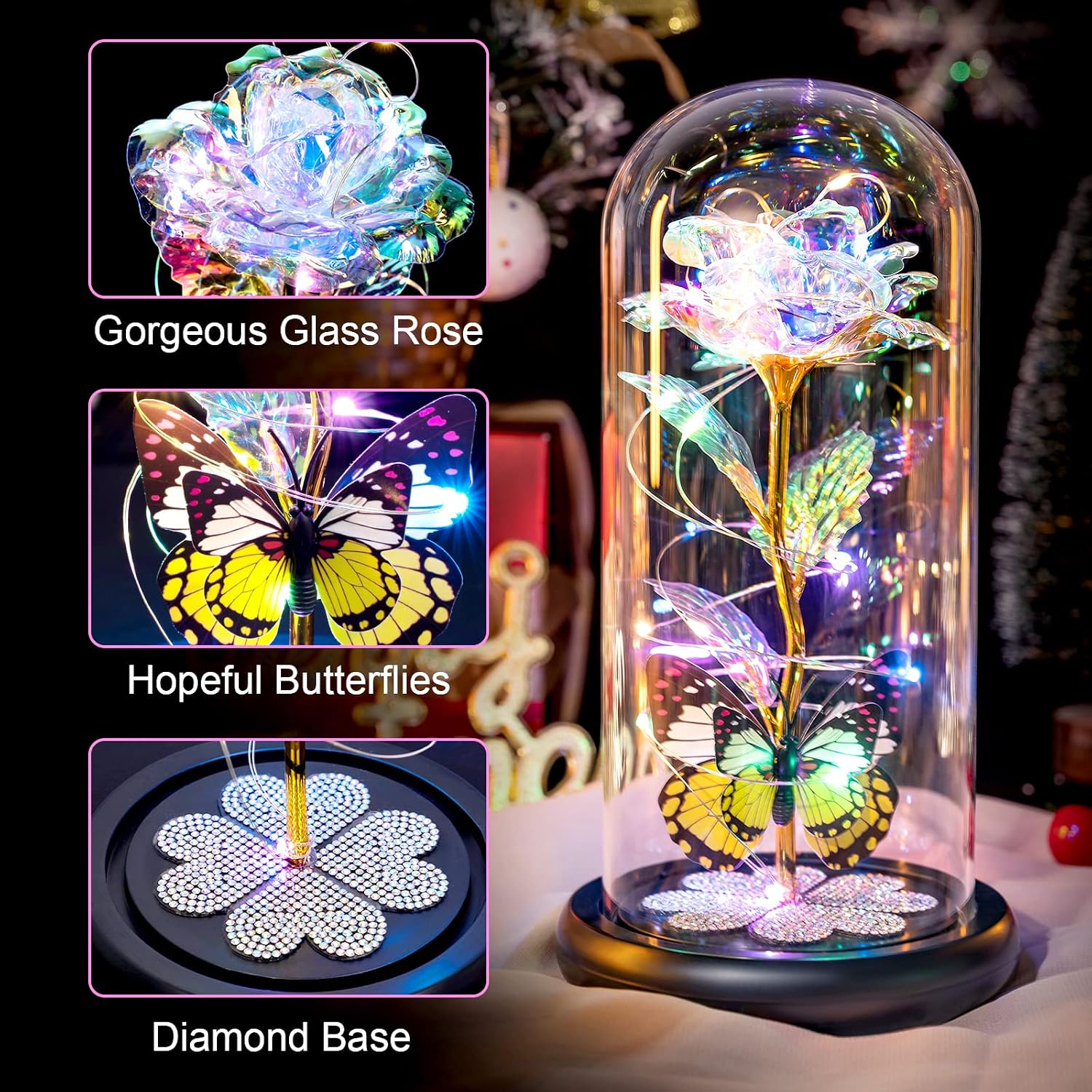 SHTROOR Forever Eternal Crystal Roses, Colorful Galaxy Rose with Butterfly & Heart Crystal Base, Illuminated Glass Dome Forever Rose, Ideal Birthday Holiday Gifts for Her Mom Wife Grandma