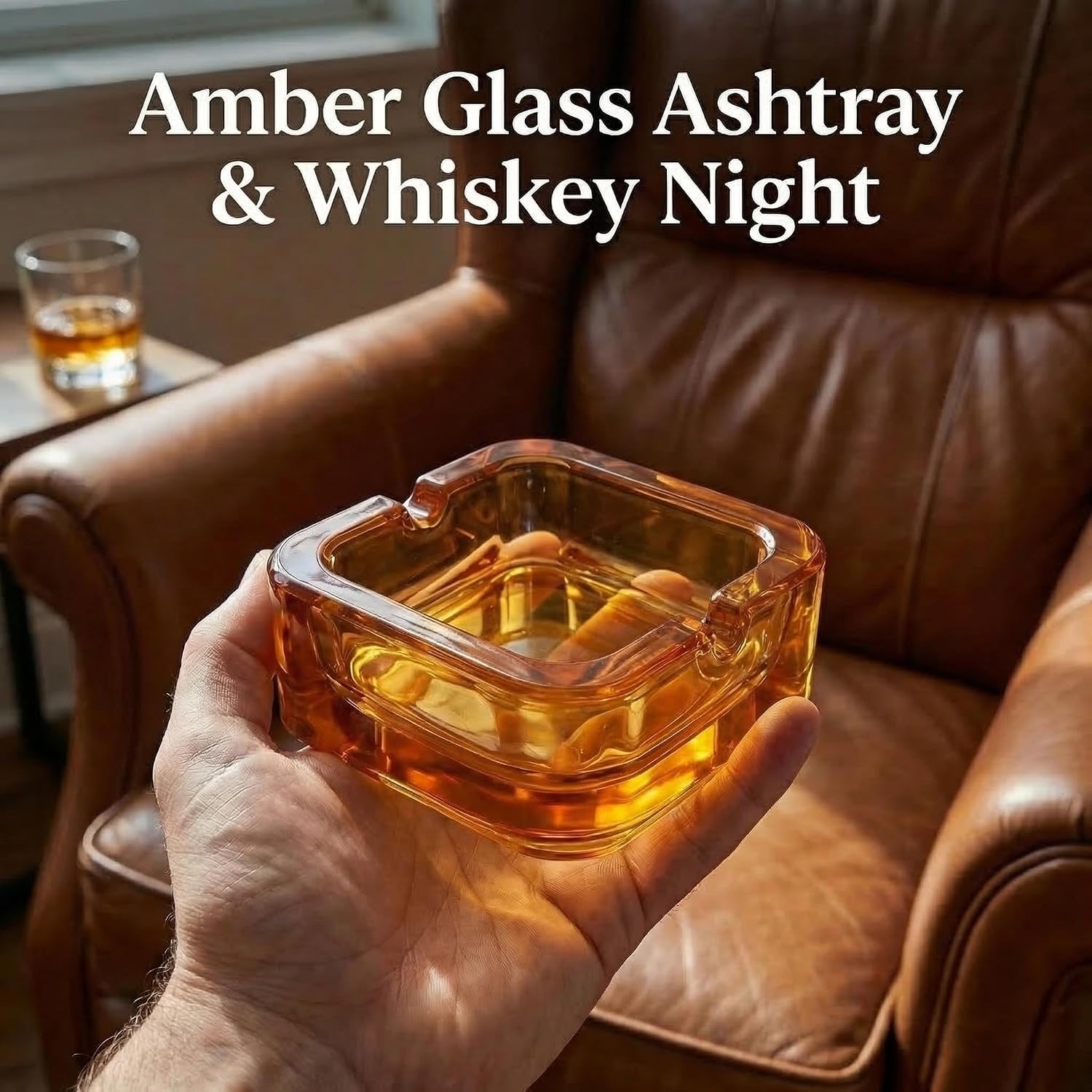 SHTROOR Crystal Glass Ashtray, Decorative Amber Square Glass Ashtray with 4 Wide Cigarette Slots, Heavy Duty Ash Tray for Indoor Outdoor Home Office Bar
