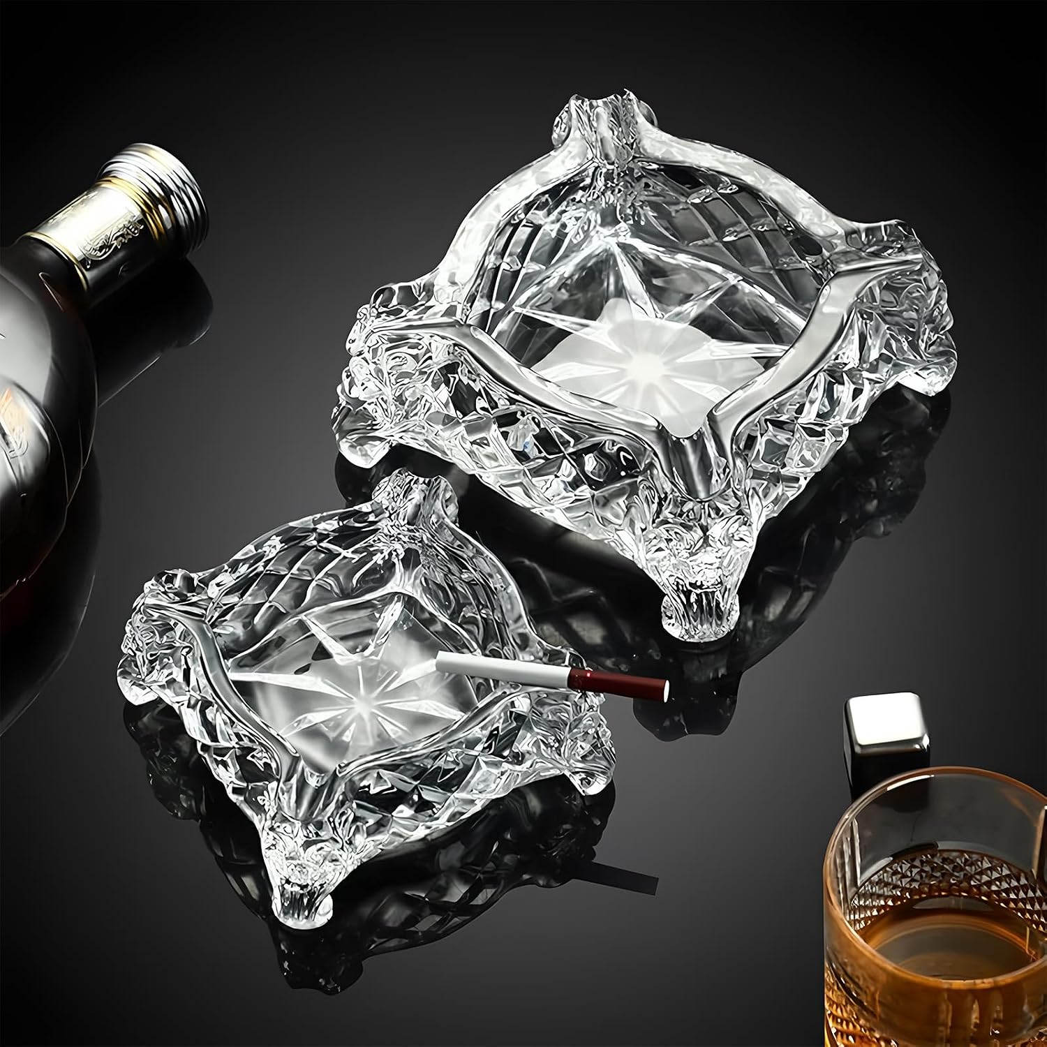 SHTROOR Clear Crystal Ashtray, Large‑Capacity Dragon‑Scale Carved Glass Ash Trays for Cigarettes & Cigars, Sturdy Crystal Cigar Ashtray for Patio, Garden, Bar, Restaurant & Home