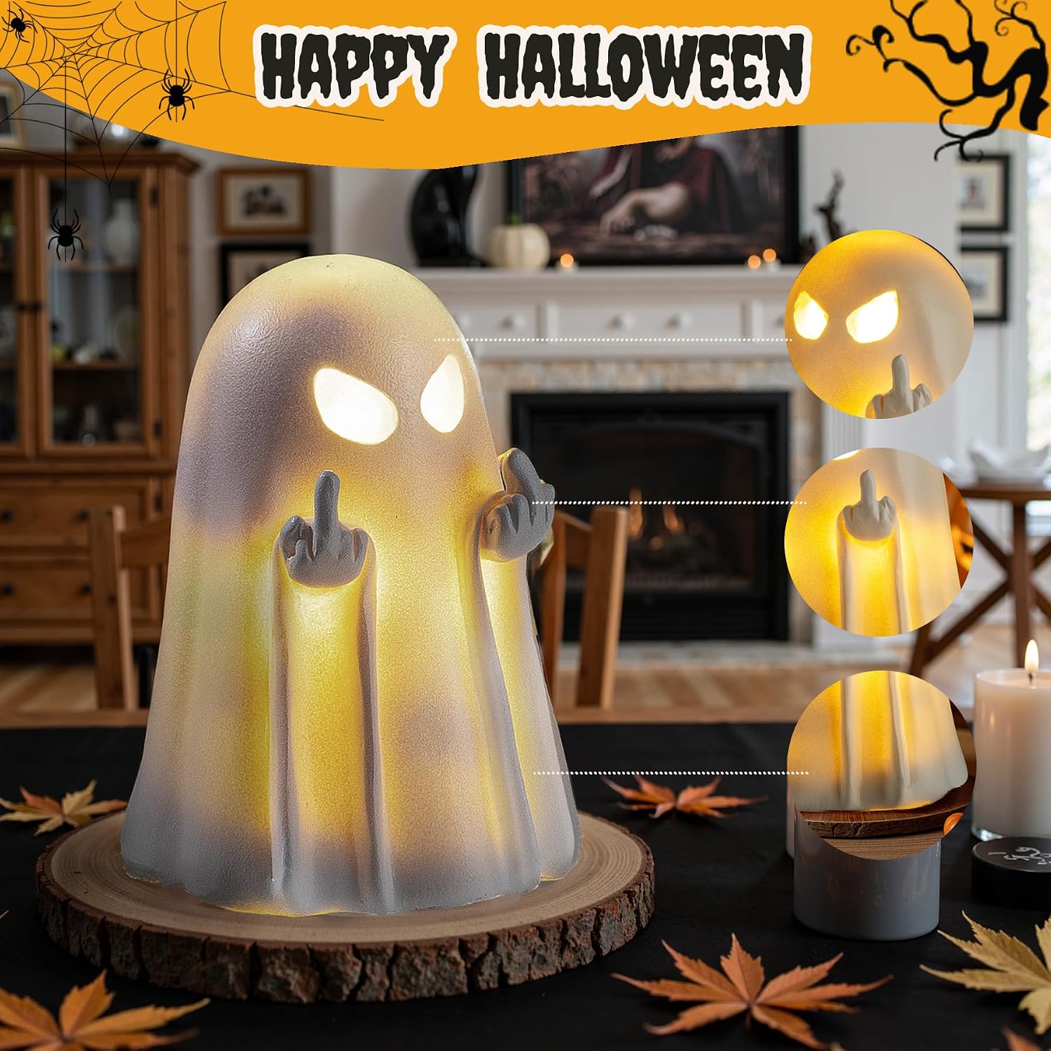 SHTROOR Crystal Halloween Ghost Figurine, Exquisite Mini LED Light‑Up Ghost Ornament, Eye‑Catching Halloween Decorations, Unique Halloween Gifts for Holiday Party, Home & Desk Decor for All‑Age Users