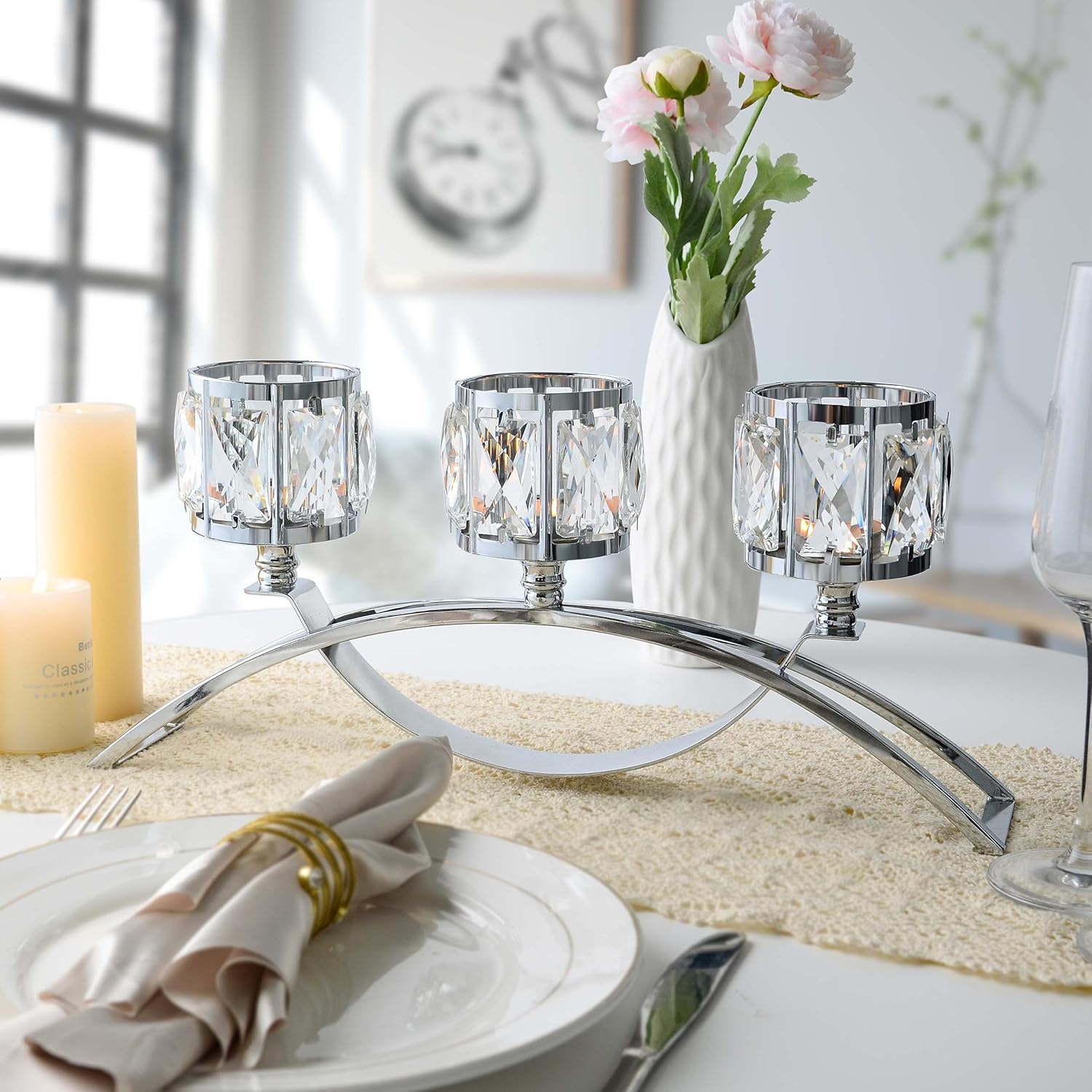 SHTROOR Crystal Candle Holder, Sparkling Diamond‑Cut Crystal Beads, Sturdy Solid Plated Metal Base for 3 Crystal Bowls, Elegant Table Decor for Home, Anniversary, Christmas